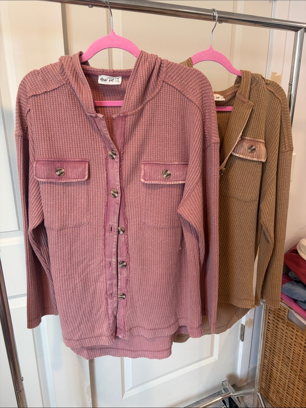 2 Waffle-Knit Button-Front Hoodie Cardigan - Mauve Pink, Mocha